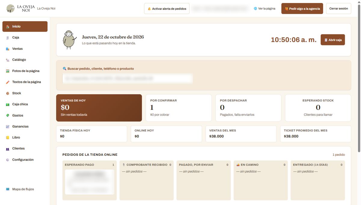 Panel de La Oveja Noi: ventas del día y del mes, pedidos por etapa y stock
